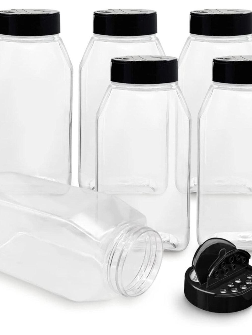 Plastic Spice Jars Bottle Containers with Black Cap, 32 Oz, 6 PACK